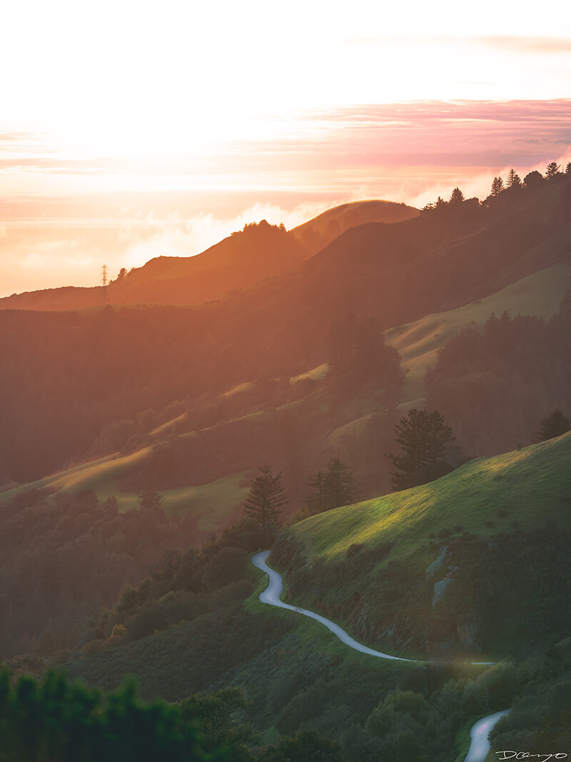 A view during golden hour sunset from the Skyline Ridge between Santa Cruz and Palo Alto, CA