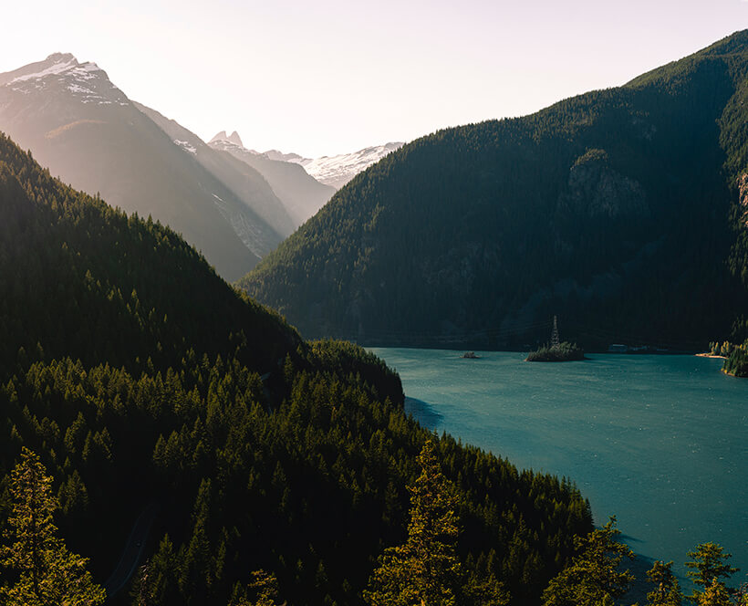 Lake Diablo during sunset in the North Cascades, Washington.
